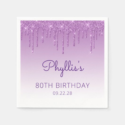 楽しいパープルグリッター ドリップ 80歳の誕生日パーティー スタンダードカクテルナプキン (正面)
