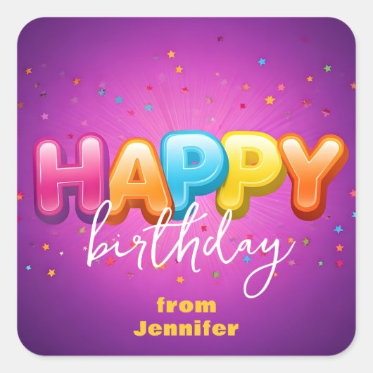 楽しいパープルハッピーバースデー飾り スクエアシール (正面)