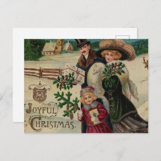 楽しいビクトリアンクリスマス家族と村 シーズンポストカード (正面/裏面)