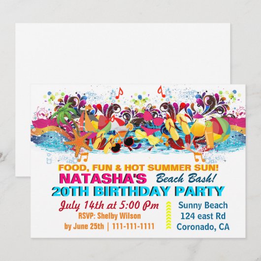 楽しいビーチのもの ビーチパーティーの招待状 招待状 (正面/裏面)