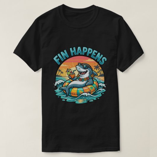 楽しいビーチのサメのフィン ハワイアングラフィック Tシャツ (デザイン正面)