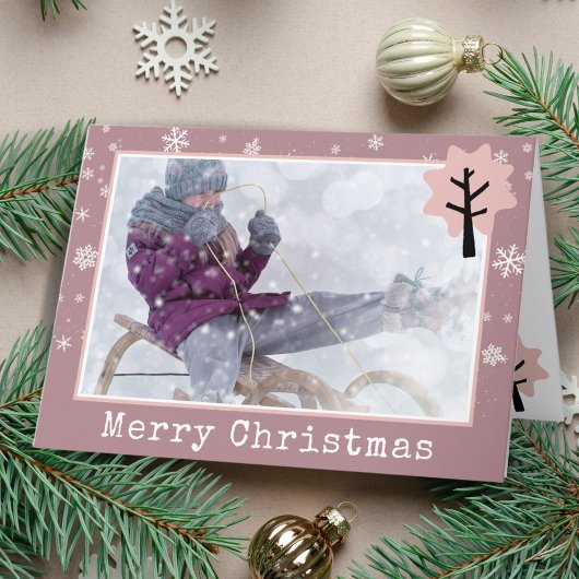 楽しいピンクのクリスマスツリーの雪の結晶の写真 シーズンカード