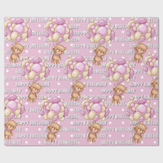 楽しいピンクのテディの誕生日 ラッピングペーパー (フラット)