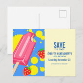 楽しいピンクの氷棒とイチゴのSave The Date ポストカード (正面/裏面)