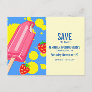 楽しいピンクの氷棒とイチゴのSave The Date ポストカード