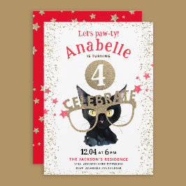 楽しいブラックキャット ゴールドグリッター 赤い星 水彩画 招待状