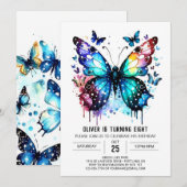 楽しいブルーの蝶の男の子の誕生日 招待状 (正面/裏面)