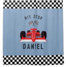 楽しいブルーキッズ赤レーシングカー シャワーカーテン