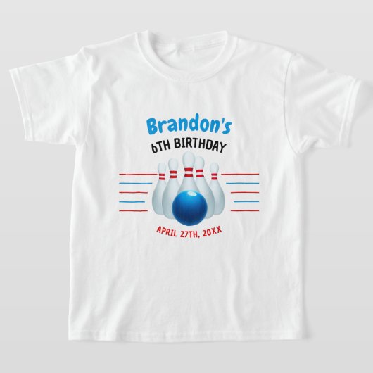楽しいブルー&レッドのボウリングの子供たちの6歳の誕生日 Tシャツ (レイダウン)