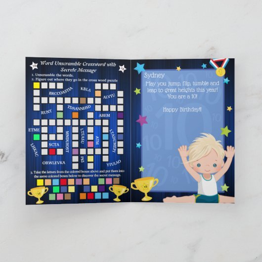 楽しいブロンドの少年体操の秘密のメッセージの誕生日 カード (内部)