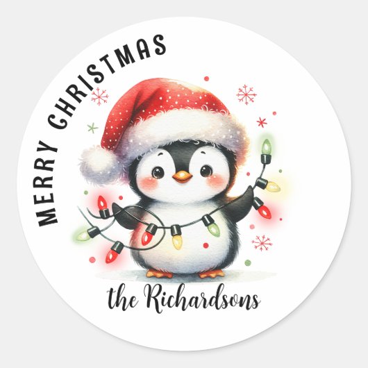 楽しいペンギンとライトのファミリー名クリスマス ラウンドシール (正面)