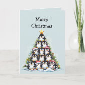 楽しいペンギンのクリスマスツリーの挨拶 カード (正面)