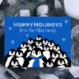 楽しいペンギンの家族 クリスマス青ポストカード シーズンポストカード