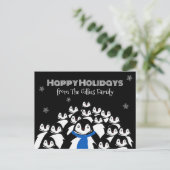 楽しいペンギンの家族 クリスマス ブラック ポストカード (スタンド正面)