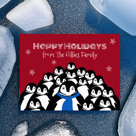 楽しいペンギンの家族 クリスマス 赤 ポストカード