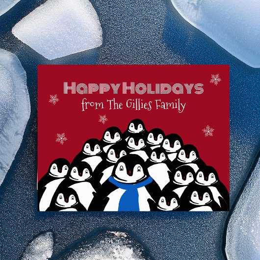 楽しいペンギンの家族 クリスマス 赤 ポストカード