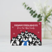 楽しいペンギンの家族 クリスマス 赤 ポストカード (スタンド正面)