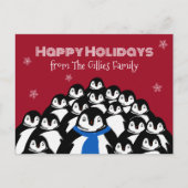 楽しいペンギンの家族 クリスマス 赤 ポストカード (正面)