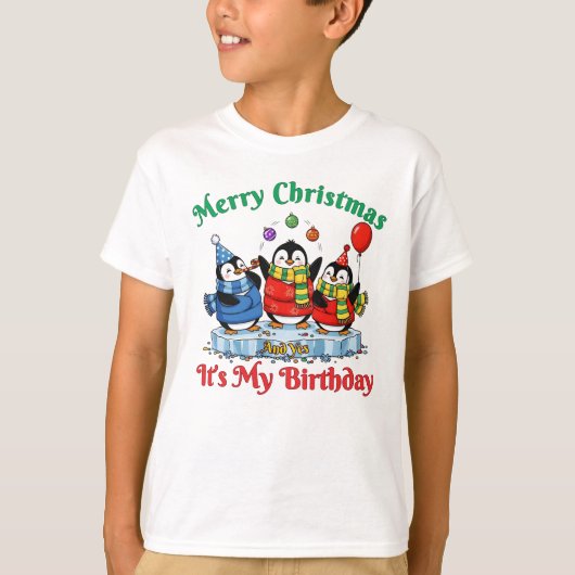 楽しいペンギン、メリークリスマスお誕生日おめでとう Tシャツ (正面)