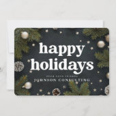 楽しいホリデーシーズン！現代的なクリスマスのオーナメントと松の木 シーズンカード (正面)