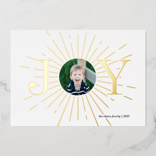 楽しいホリデー写真カード、喜びに満ちた、子供、宗教的な 箔シーズンカード (正面)