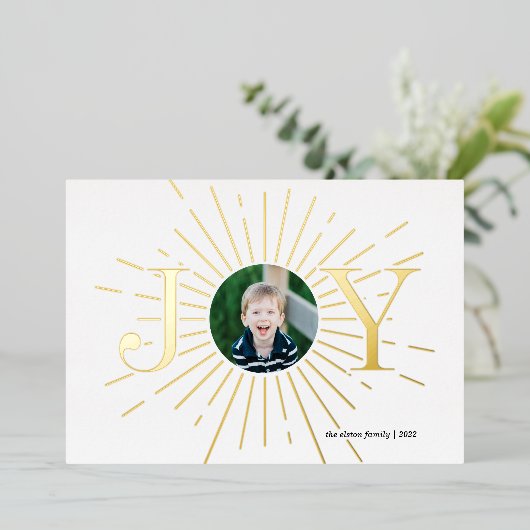 楽しいホリデー写真カード、喜びに満ちた、子供、宗教的な 箔シーズンカード (立ち正面)