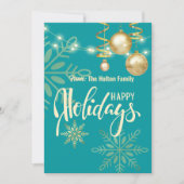 楽しいホリデー ゴールドの雪の結晶とオーナメント クリスマス 招待状 (正面)