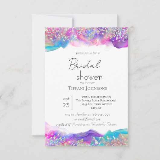 楽しいホログラフィック インク グリッター ブライダル シャワー 招待状 (正面)