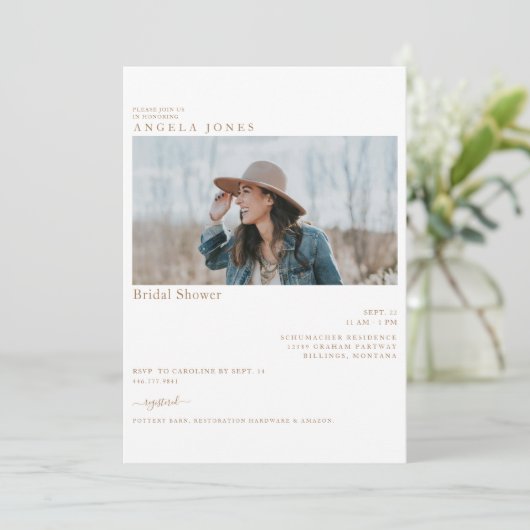 楽しいホワイト金ゴールド文字フォトブライダルシャワー 招待状 (スタンド正面)