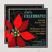 楽しいポインセチア レトロ ホリデー パーティー 招待状 (正面/裏面)