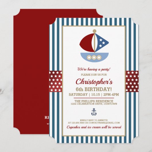 楽しいマリン テーマの誕生日パーティー 招待状 (正面/裏面)