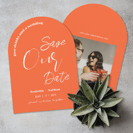楽しいモダンオレンジの夏の結婚式 Save The Date 招待状