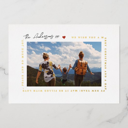 楽しいモダンクリスマスの挨拶 | LOVE PHOTOハート 箔シーズンカード (正面)