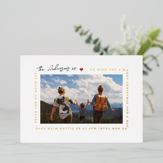 楽しいモダンクリスマスの挨拶 | LOVE PHOTOハート 箔シーズンカード (立ち正面)