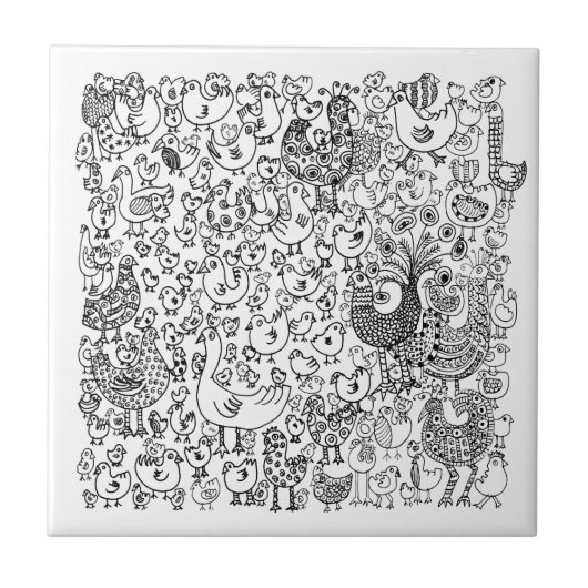 楽しいモノクロの鳥の装飾パターン タイル (正面)
