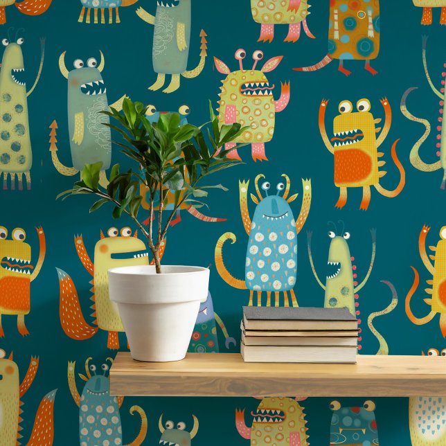 楽しいモンスター ティールグリーン 壁紙 (Fun monster pattern wallpaper)