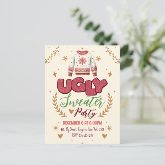 楽しいレトロなダサいクリスマスパーティ インビテーションポストカード (スタンド正面)