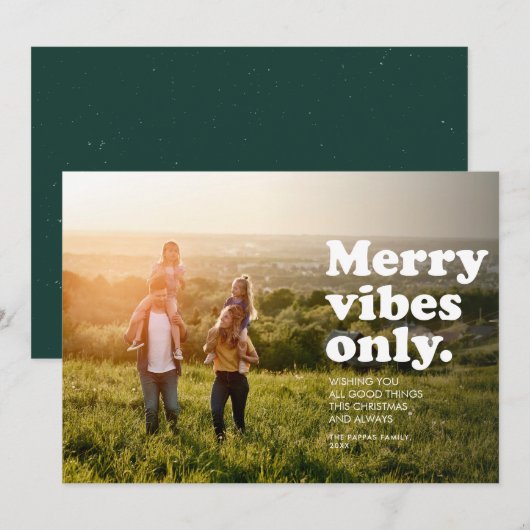 楽しいレトロな休日のフォトカード「Merry vibes only」 シーズンカード (正面/裏面)