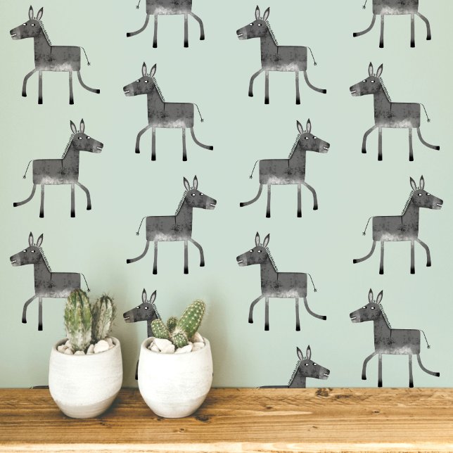 楽しいロバ グレー セージグリーン パターン 壁紙 (Fun donkey pattern peel and stick wallpaper in gray and sage green)