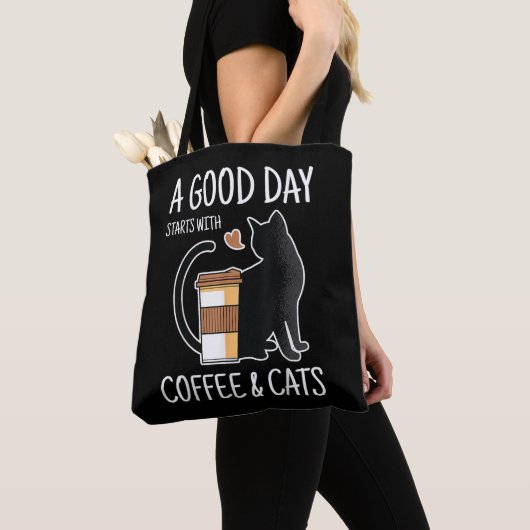 楽しい一日はコーヒーと猫から Funny Cute トートバッグ (クローズアップ)