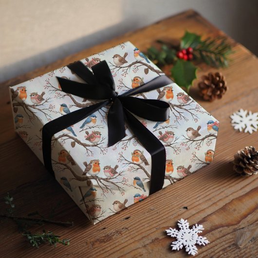 楽しい休暇、クリスマスのキャンドルと鳥 ラッピングペーパーシート