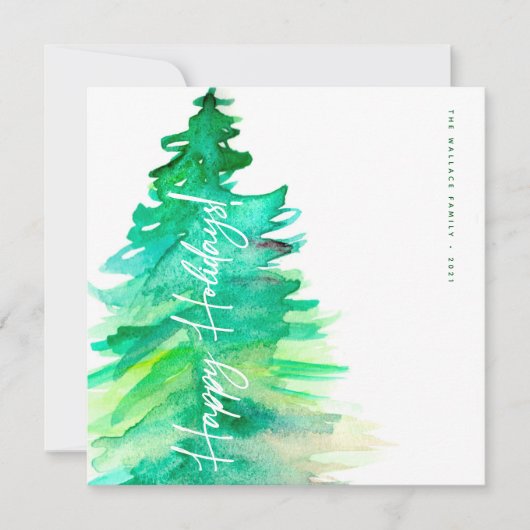 楽しい休暇 水彩画の緑の松の木 シーズンカード (正面)