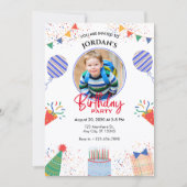 楽しい写真誕生日パーティー カラフルな風船 招待状 (正面)