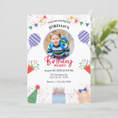 楽しい写真誕生日パーティー カラフルな風船 招待状 (スタンド正面)