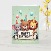 楽しい動物の友達の誕生日カード カード (黄色い花)