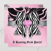 楽しい卒業パーティーの招待状 ゼブラのピンクとシルバーのリボン 招待状 (正面/裏面)