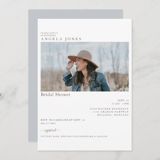 楽しい埃っぽいブルーモダンフォトブライダルシャワー 招待状 (正面/裏面)