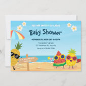 楽しい夏のビーチのキャラクター フルーツ ベビーシャワー 招待状 (正面)