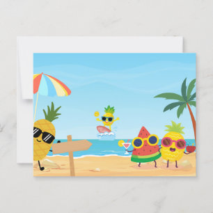 楽しい夏のビーチの面白いキャラクター フルーツ ポストカード