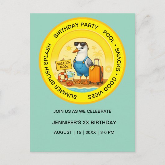 楽しい太陽のビーチへの招待 鳥 海辺のカード ポストカード (正面)